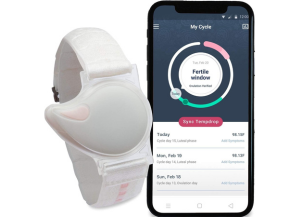 Tempdrop wearable fertility monitor plus a phone with the Tempdrop app