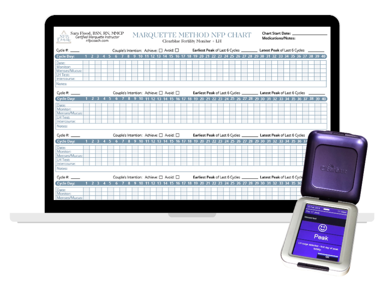 A digital NFP Marquette chart on an iPad with a ClearBlue fertility monitor that reads Peak next to it