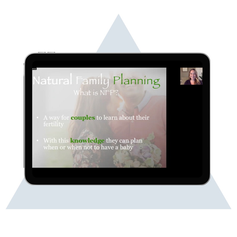 An iPad with a screen from the NFP Coach NFP course with text that reads Natural Family Planning What is NFP - A way for couples to learn about their fertility - With this knowledge they can plan when or when not to have a baby