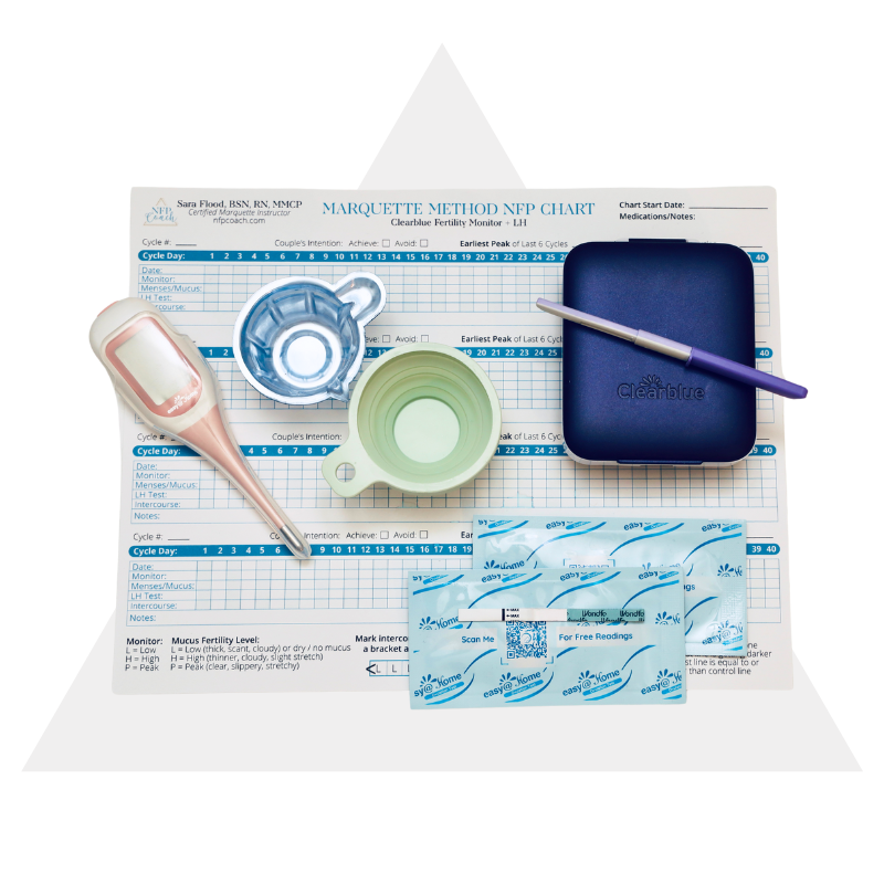 NFP Marquette supplies, including a chart from the NFP Coach NFP course, a urine collection cup, the ClearBlue monitor and test strips, and a thermometer